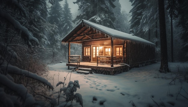 Free photo illuminated cabin in snowy forest spooky tranquility generated by ai