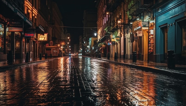 Free photo illuminated city street reflects in wet canal water generated by ai