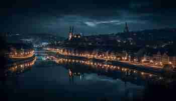 Free photo illuminated gothic spires reflect in ancient water below generated by ai