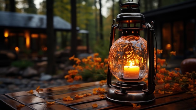 Free photo illuminated lantern placed on a wooden table in the forest