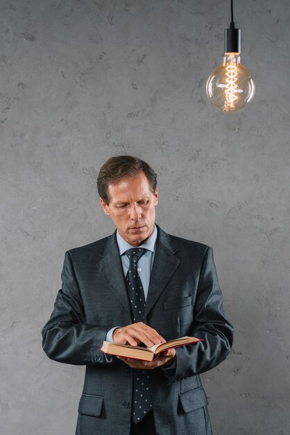 Illuminated lightbulb over the mature businessman reading book against gray wall