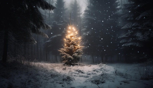 Illuminated pine tree in snowy forest night generated by AI