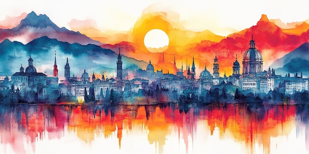 Illustrated watercolor city