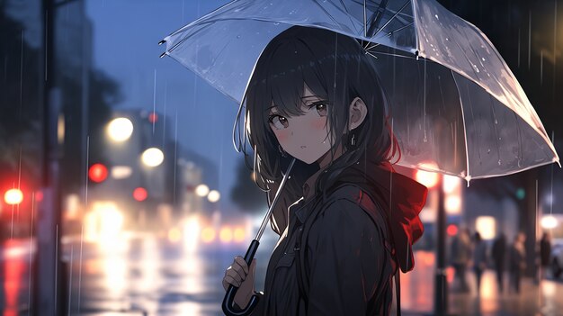 Illustration of anime character in the rain