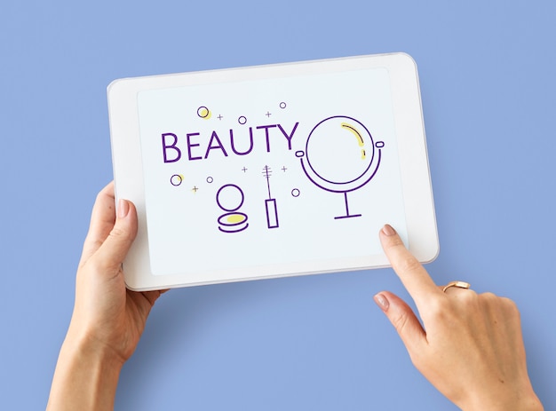 Illustration of beauty cosmetics makeover skincare on digital tablet