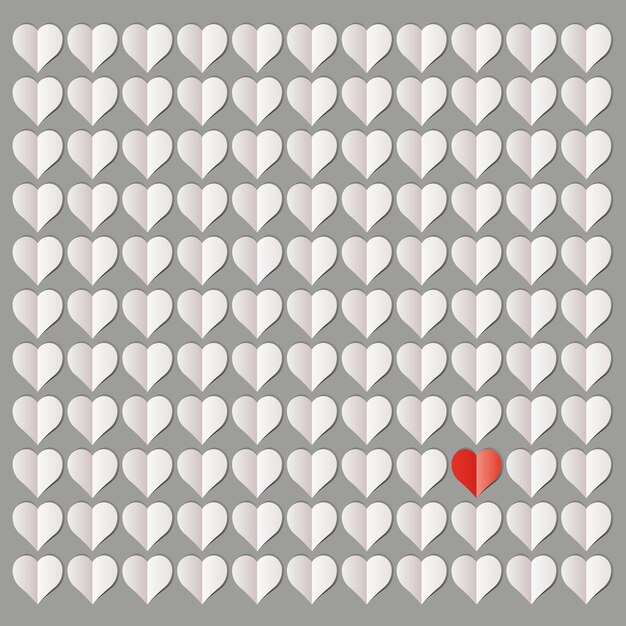 Illustration of more than a hundred white hearts with only one red heart