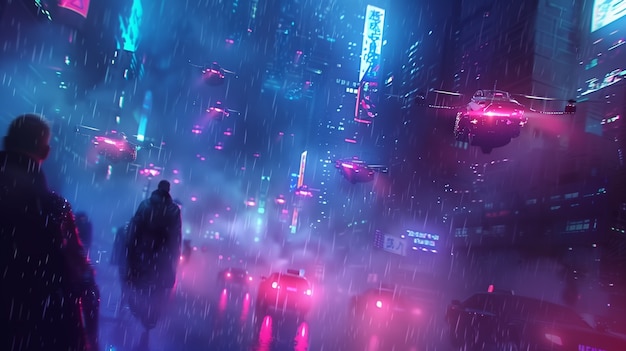 Illustration of rain in the futuristic city