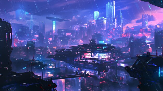 Illustration of rain in the futuristic city