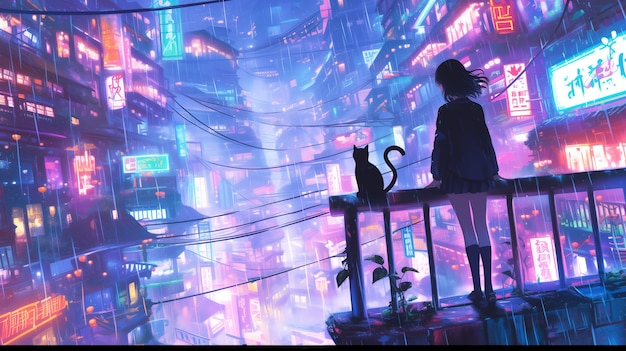 Illustration of rain in the futuristic city