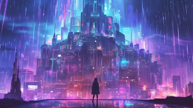 Illustration of rain in the futuristic city