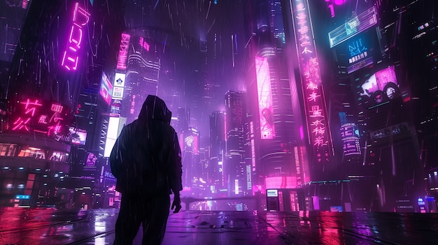 Illustration of rain in the futuristic city