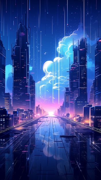 Illustration of rain in the futuristic city