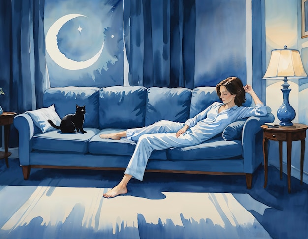 Free photo illustration of woman and her cat pet