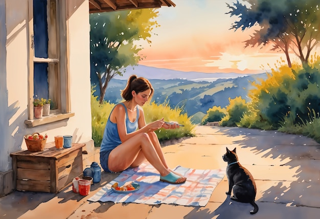 Illustration of woman and her cat pet