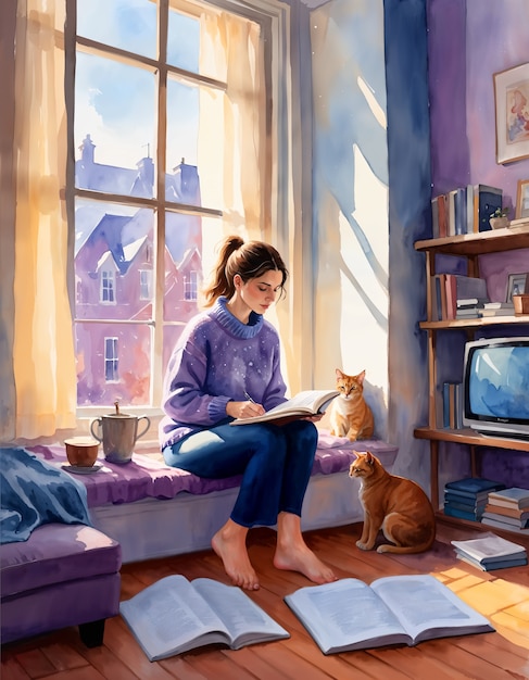 Illustration of woman and her cat pet