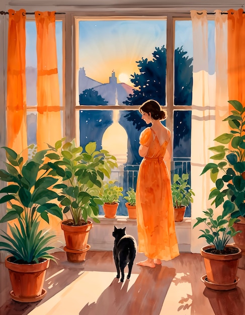 Free Photo illustration of woman and her cat pet