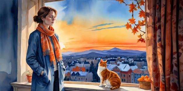 Free Photo illustration of woman and her cat pet