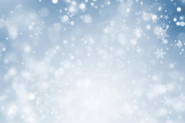 Image of blue blurred lights with snowflakes on a blue background