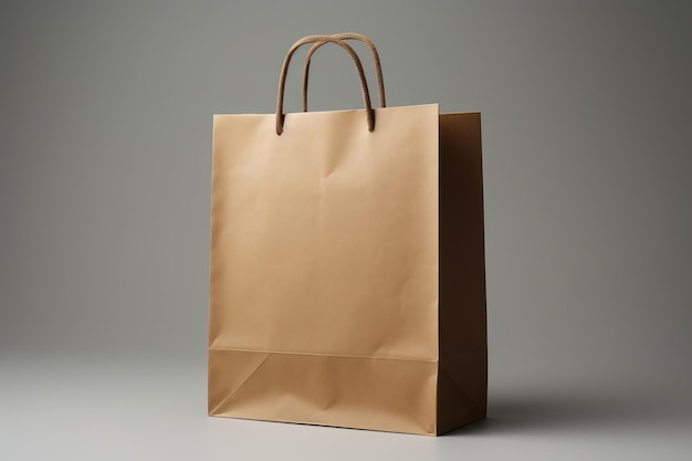 Image of brown paper bag with handles on grey background with shadows