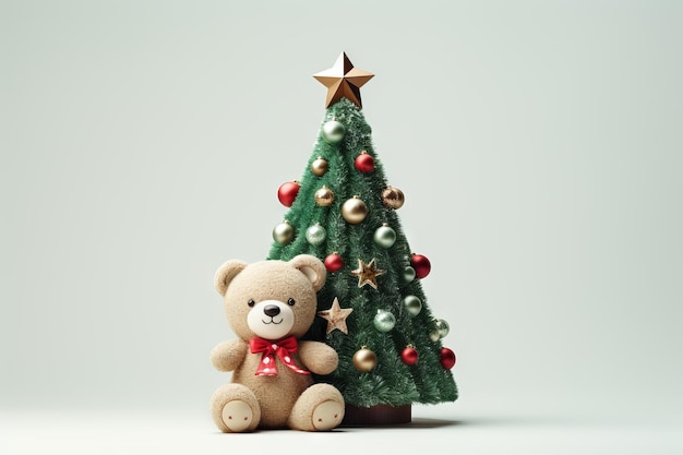 Free photo image of christmas tree with teddy bear on white background