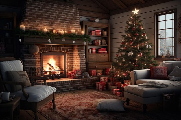 Image of cozy living room with fireplace and Christmas decoration