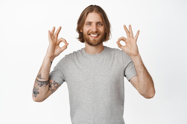 Free Photo image of handsome blond bearded guy, man showing ok okay sign in approval, nod to praise, compliment you, like something good, standing over white background