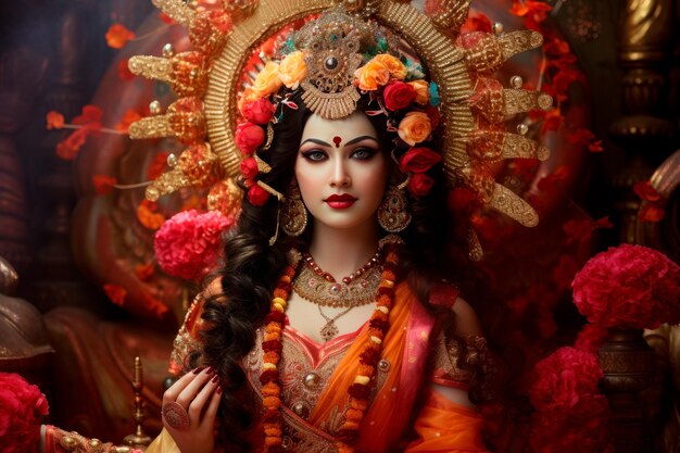 Image of Indian woman dressed in cloth gold and flowers