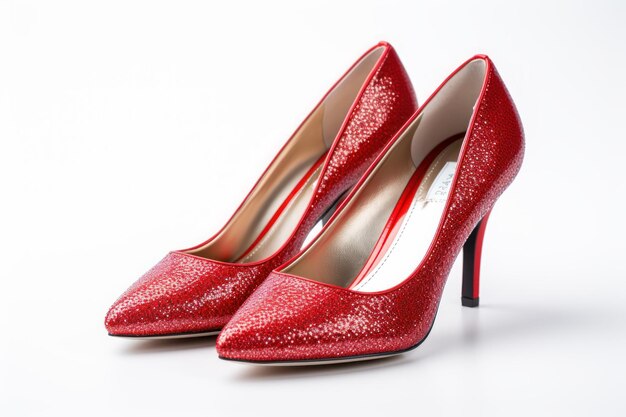 Image of a pair of red glitter glitter heels on white background