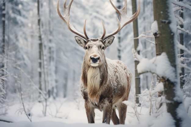 Free Photo image of reindeer looking straight ahead with snowy forest background