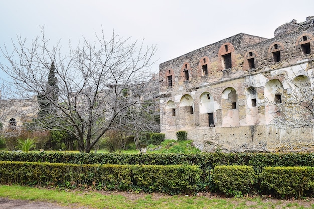 Image of a ruin with hedges in the foreground under cloudy skies