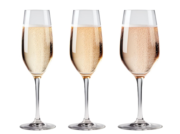 Image of three champagnefilled crystal glasses isolated on a white background