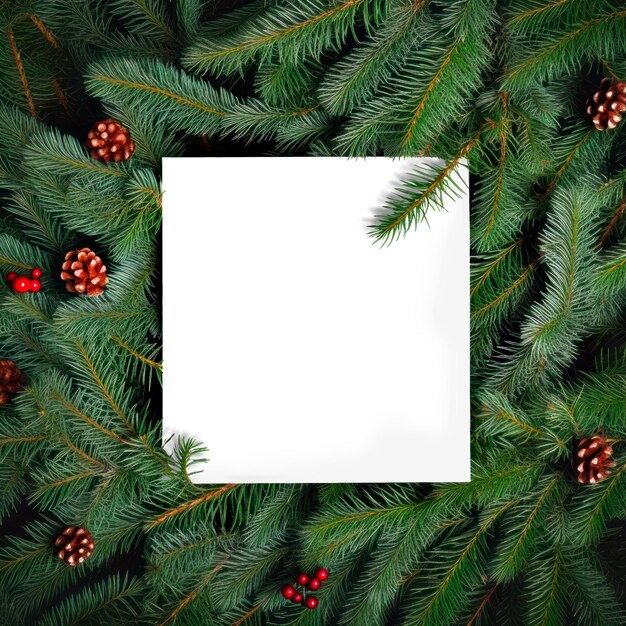 Image of white blank card with Christmas spruce branches and pinecones