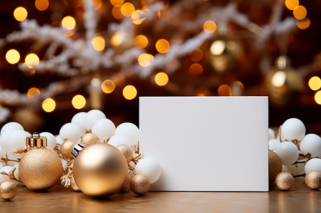 Free Photo image of a white invitation card with christmas decoration of balls and lights