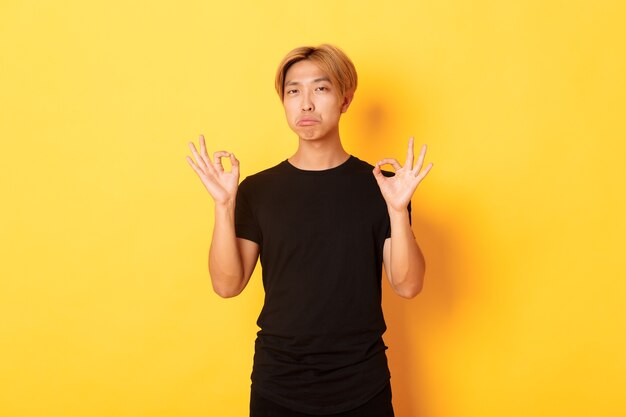 Impressed asian stylish guy with blond hair, showing okay gesture and praise something good, standing yellow wall