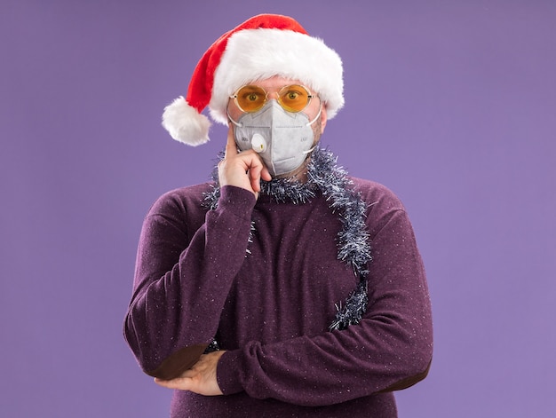 Free Photo impressed middle-aged man wearing santa hat and protective mask with tinsel garland around neck with glasses  keeping hand on chin isolated on purple wall