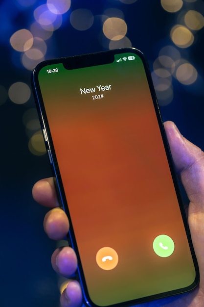 Incoming call screen from new year close up