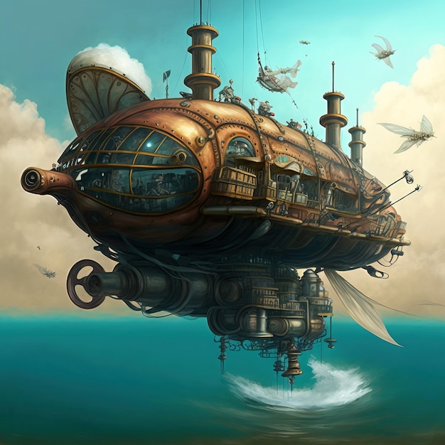 Incredible major steampunk balloon floating above water surface illustrations generative ai