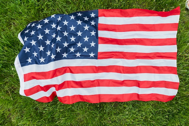 Free photo independence day concept with woman and american flag on grass