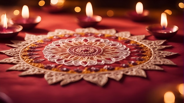 Free photo indian festival diwali diwali oil lamps lit on colorful rangoli hindu traditional