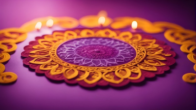 Free photo indian festival diwali diya lamps lit on colorful rangoli hindu traditional