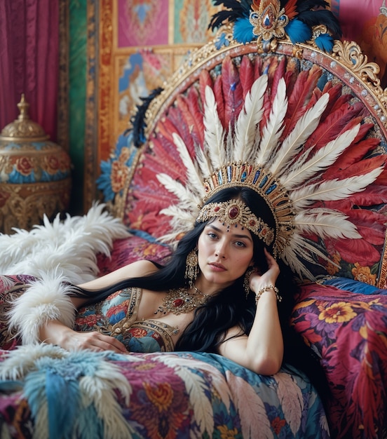 Indian girl with feathered headdress laying on bed