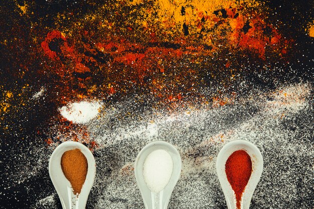 Indian spices on three spoons