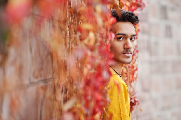 Indian stylish man in yellow traditional clothes posed outdoor against red leaves wall