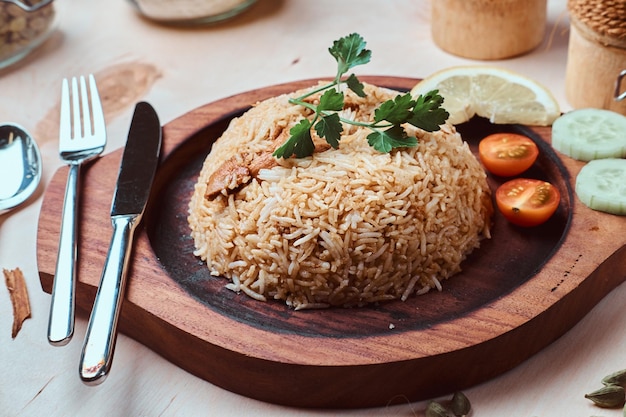 Free Photo indian traditional dish with rice, lemon, tomato coriander leaf and cutlery on wooden tray.