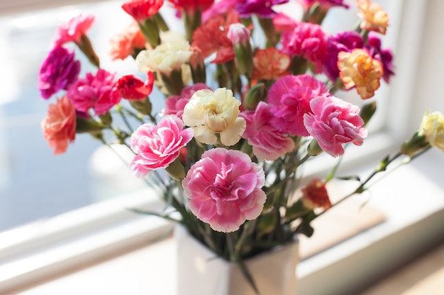 Indoor flower on the windowsill. white vase, pot. curtains, tulle