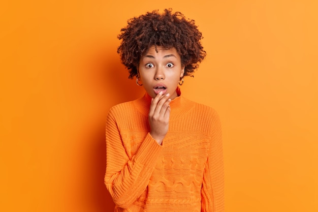 Indoor shot of shocked young curly African American woman