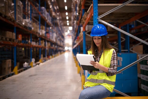 Industrial worker checking goods inventory in large warehouse storage center and writing report on distribution results