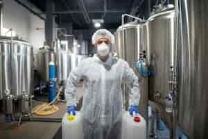 Free photo industrial worker holding plastic cans with chemicals in production plant