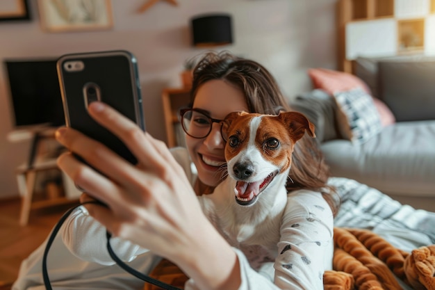 Free photo influencer and their pet creating content for online spaces and social media