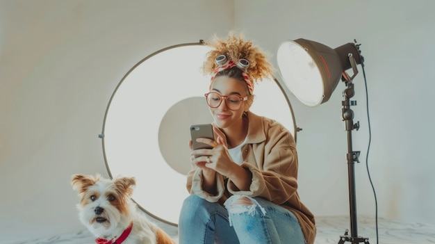 Free photo influencer and their pet creating content for online spaces and social media